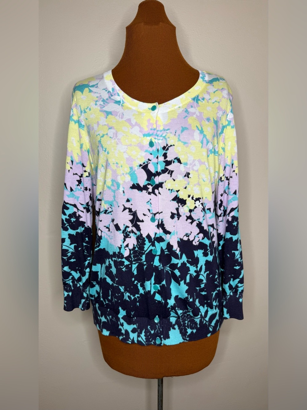 Talbots Floral Cardigan Sweater Button Up 3/4 Sleeve Cotton Rayon Size Medium